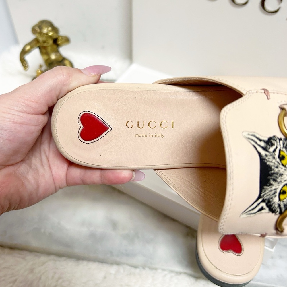 Authentic Gucci Cream / Pink Cat Embroidered Horsebit Leather Princetown Mules - Picture 9 of 14